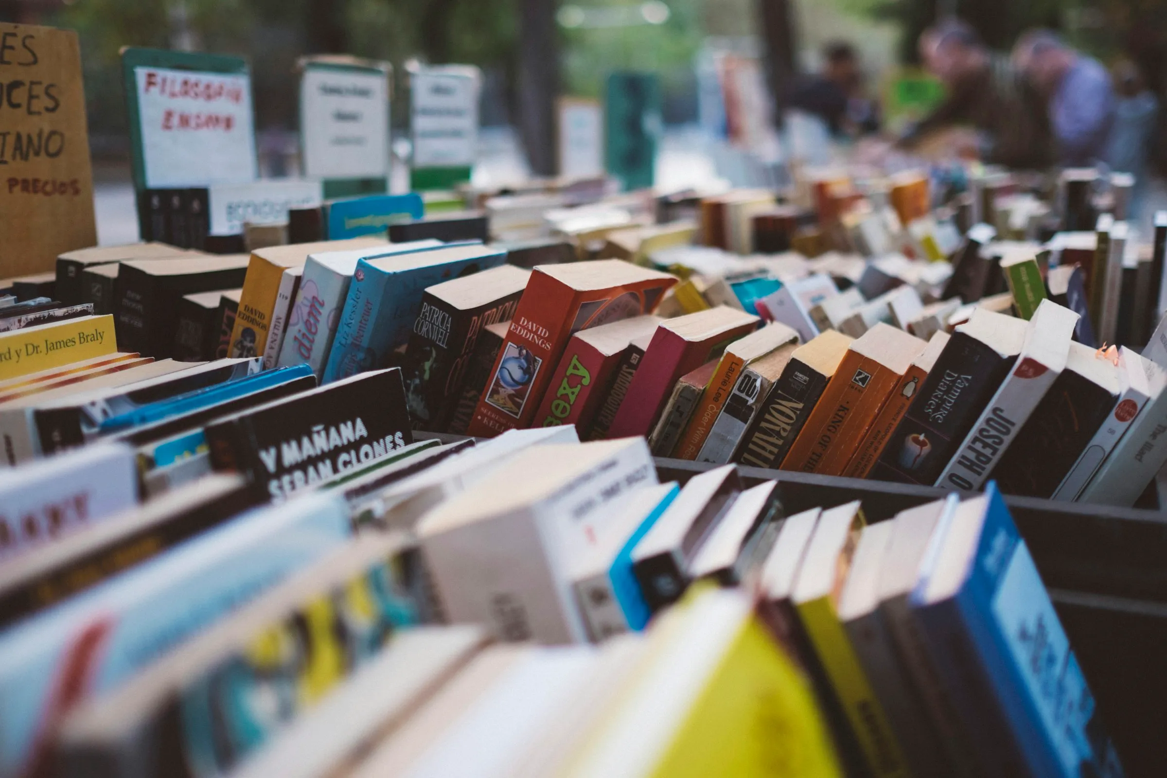 Livros de capas coloridas enfileirados sobre uma bancada.